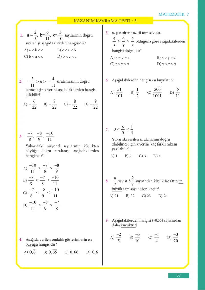 7. Sınıf Matematik Ders Kitabı Cevapları Meb Yayınları Sayfa 57