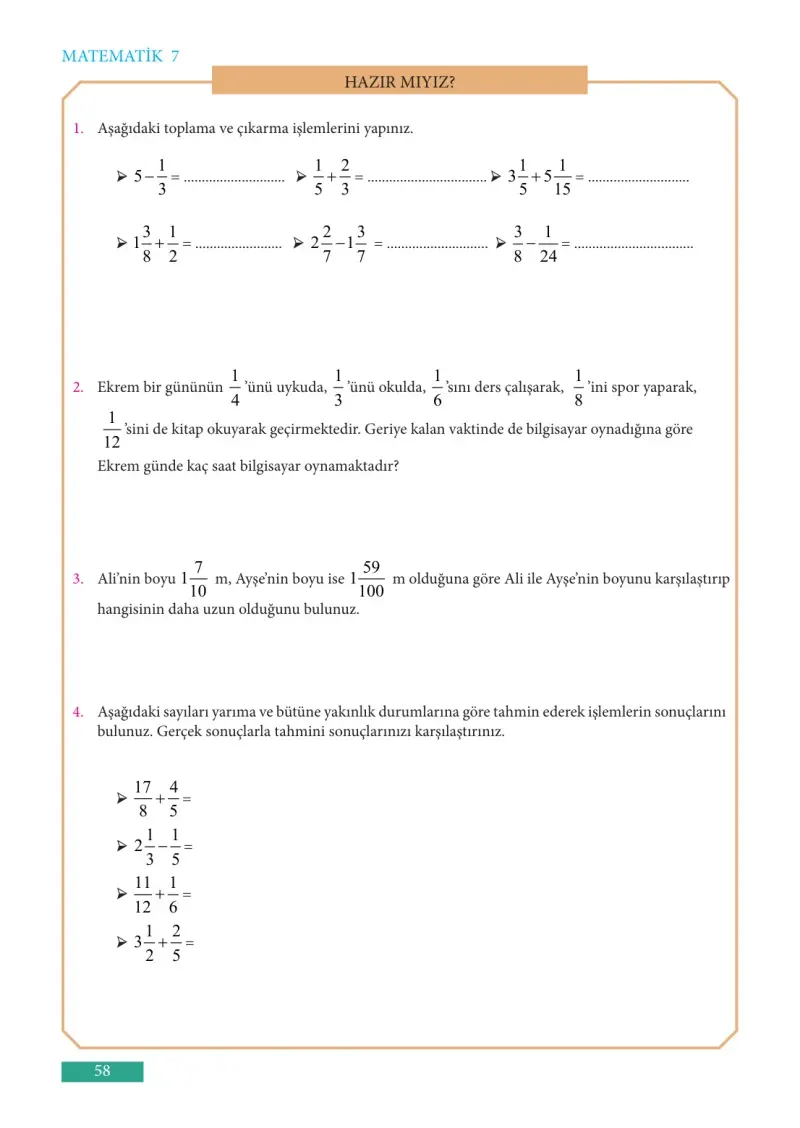 7. Sınıf Matematik Ders Kitabı Cevapları Meb Yayınları Sayfa 58
