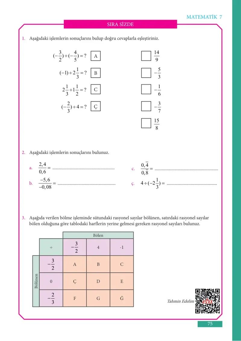 7. Sınıf Matematik Ders Kitabı Cevapları Meb Yayınları Sayfa 75