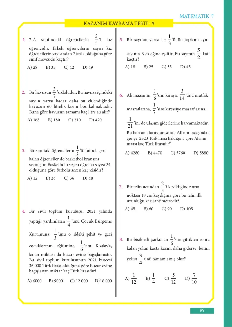 7. Sınıf Matematik Ders Kitabı Cevapları Meb Yayınları Sayfa 89