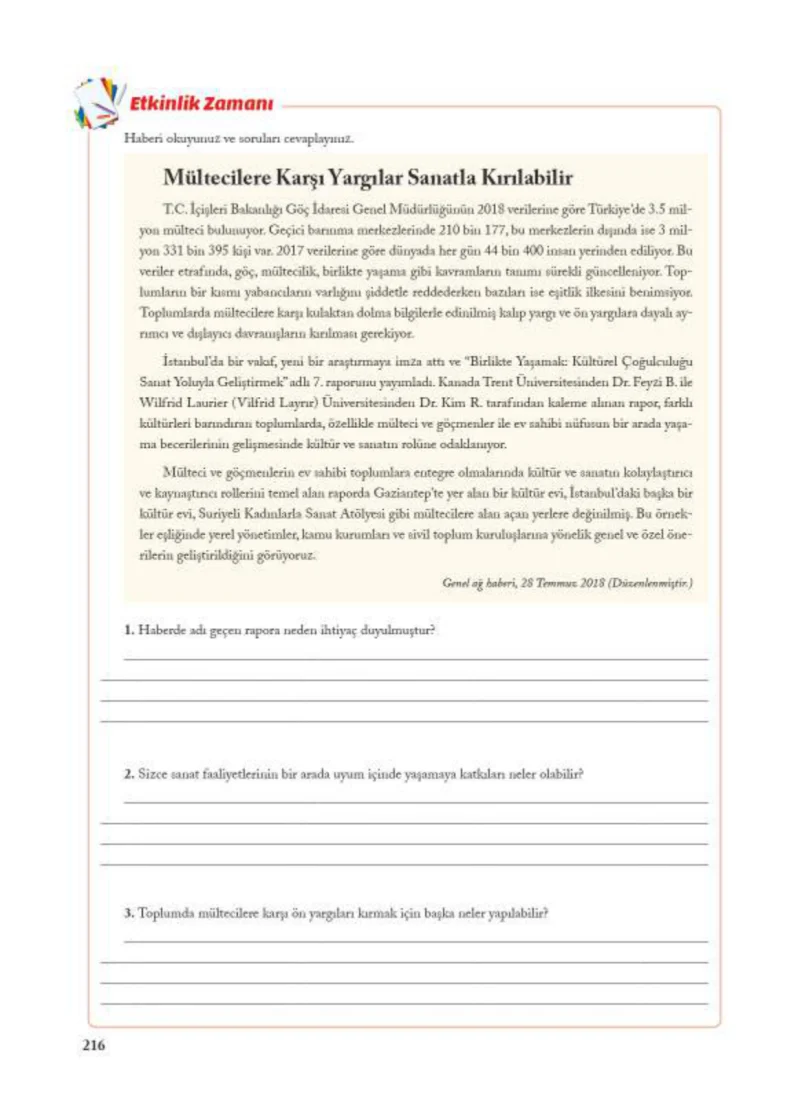 7. Sınıf Sosyal Bilgiler Ders Kitabı Cevapları Ekoyay Yayınları Sayfa 216
