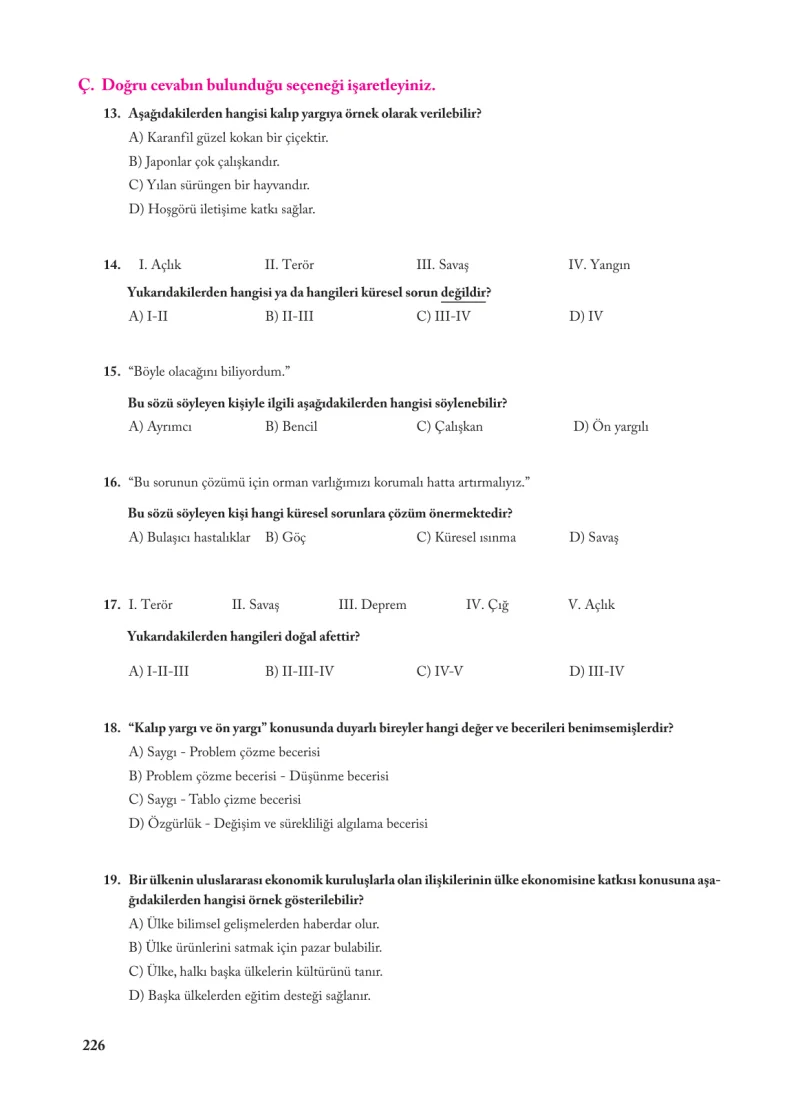 7. Sınıf Sosyal Bilgiler Ders Kitabı Cevapları Ekoyay Yayınları Sayfa 226