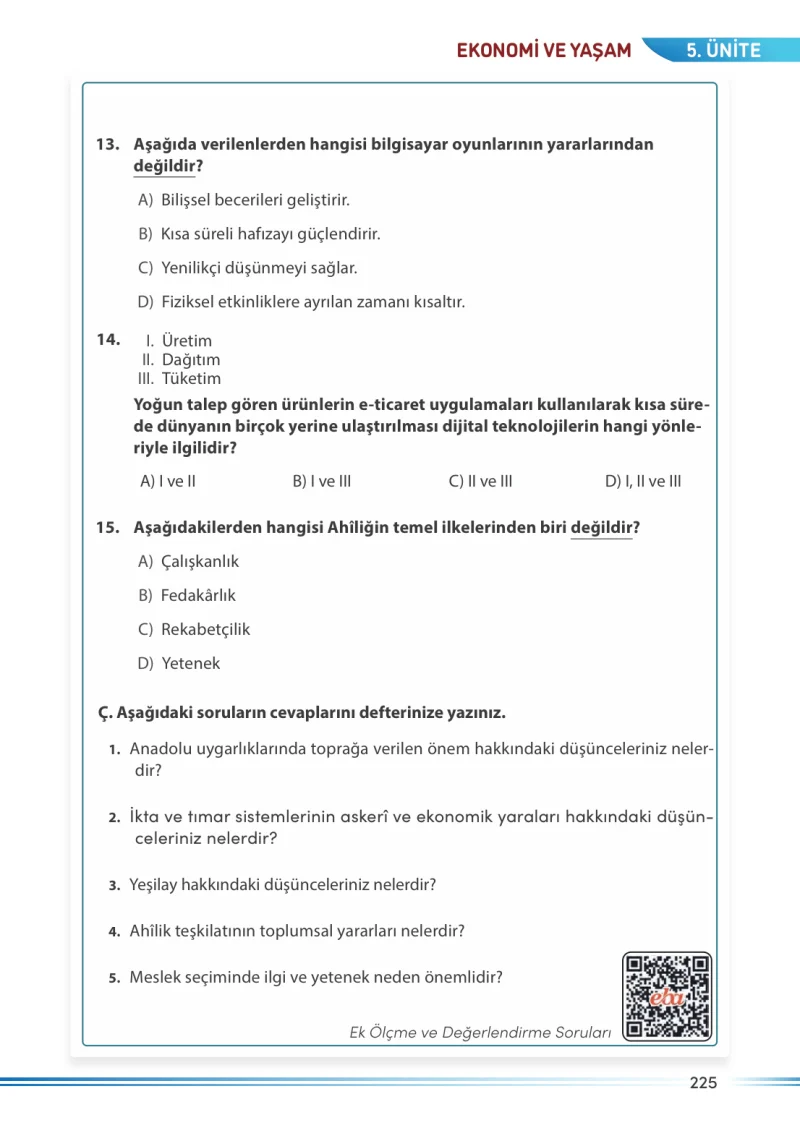 7. Sınıf Sosyal Bilgiler Ders Kitabı Cevapları Meb Yayınları Sayfa 225