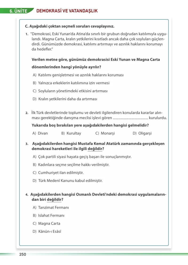 7. Sınıf Sosyal Bilgiler Ders Kitabı Cevapları Meb Yayınları Sayfa 250