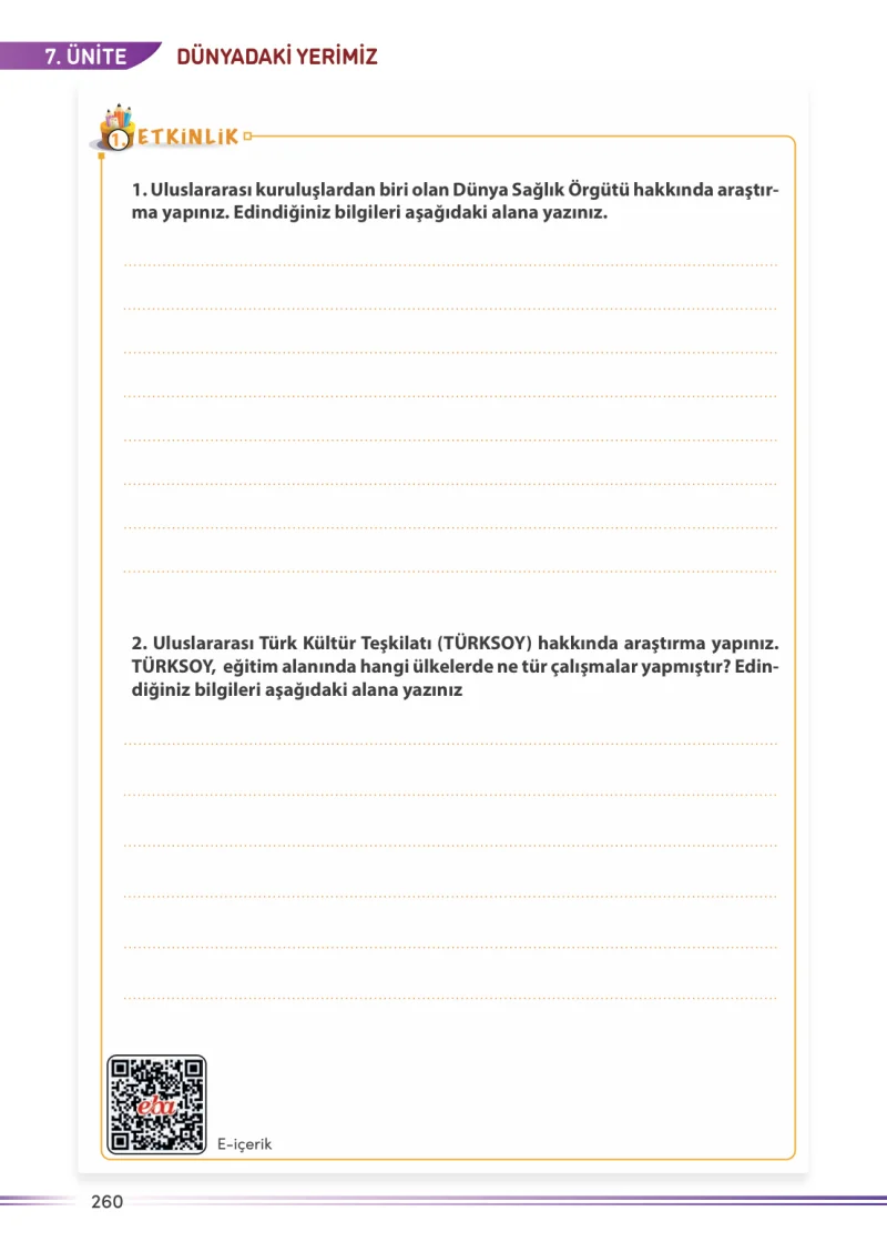 7. Sınıf Sosyal Bilgiler Ders Kitabı Cevapları Meb Yayınları Sayfa 260