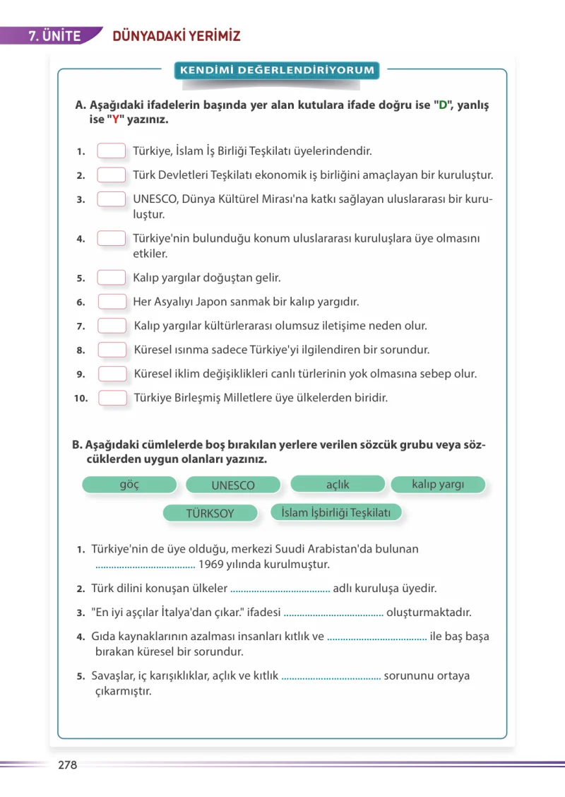 7. Sınıf Sosyal Bilgiler Ders Kitabı Cevapları Meb Yayınları Sayfa 278