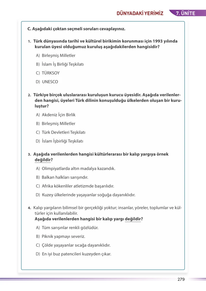 7. Sınıf Sosyal Bilgiler Ders Kitabı Cevapları Meb Yayınları Sayfa 279