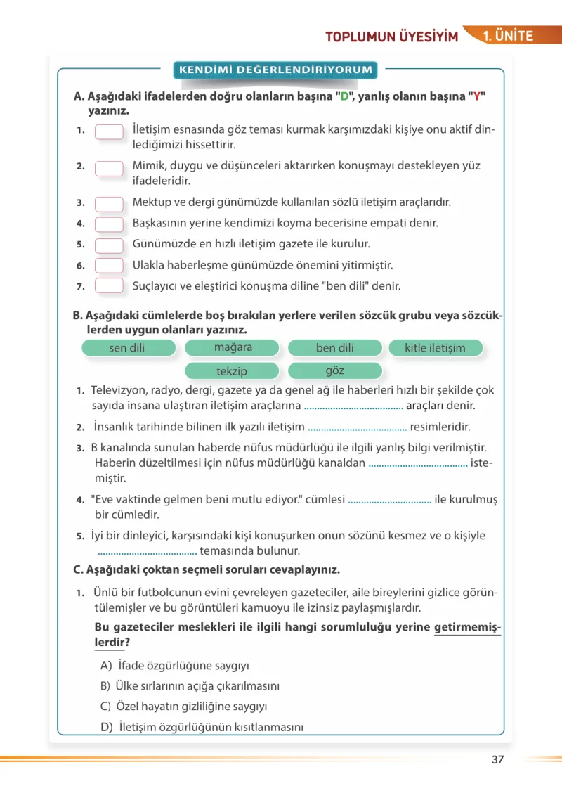 7. Sınıf Sosyal Bilgiler Ders Kitabı Cevapları Meb Yayınları Sayfa 37