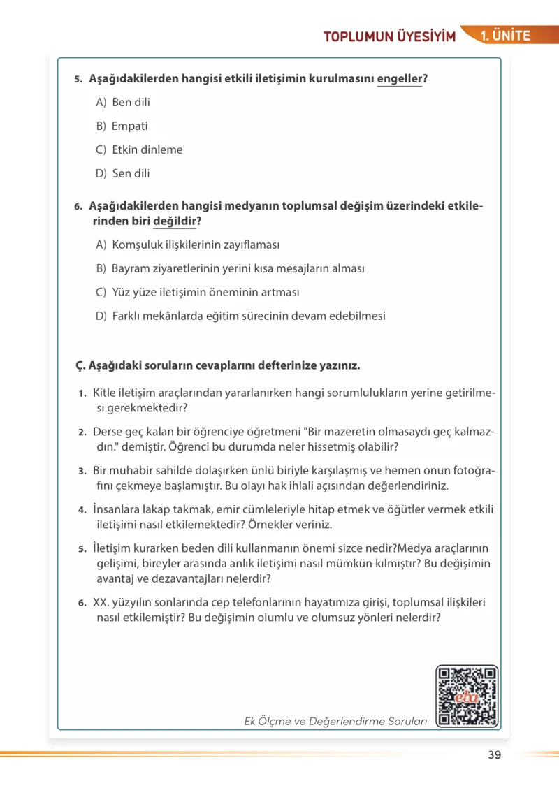 7. Sınıf Sosyal Bilgiler Ders Kitabı Cevapları Meb Yayınları Sayfa 39
