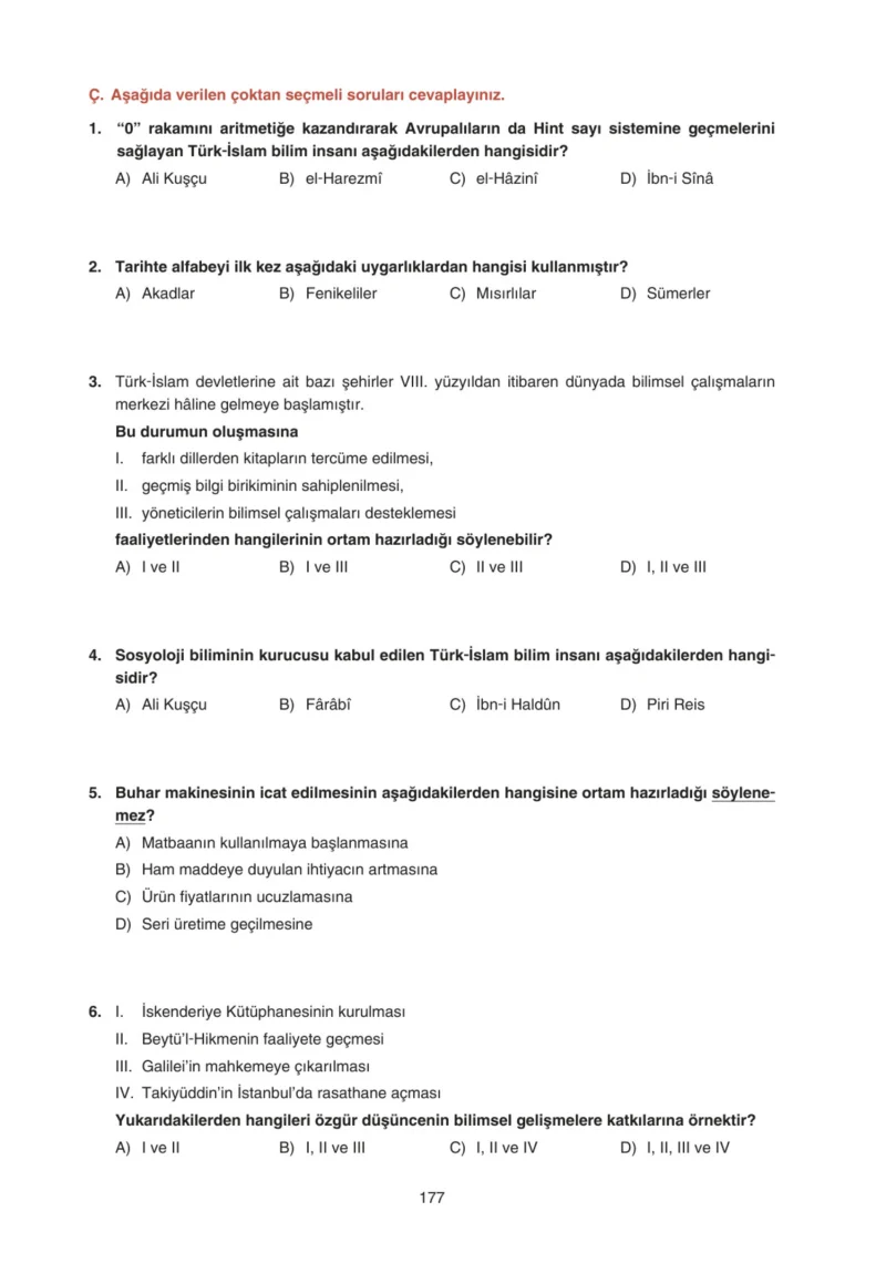 7. Sınıf Sosyal Bilgiler Ders Kitabı Cevapları Yıldırım Yayınları Sayfa 177