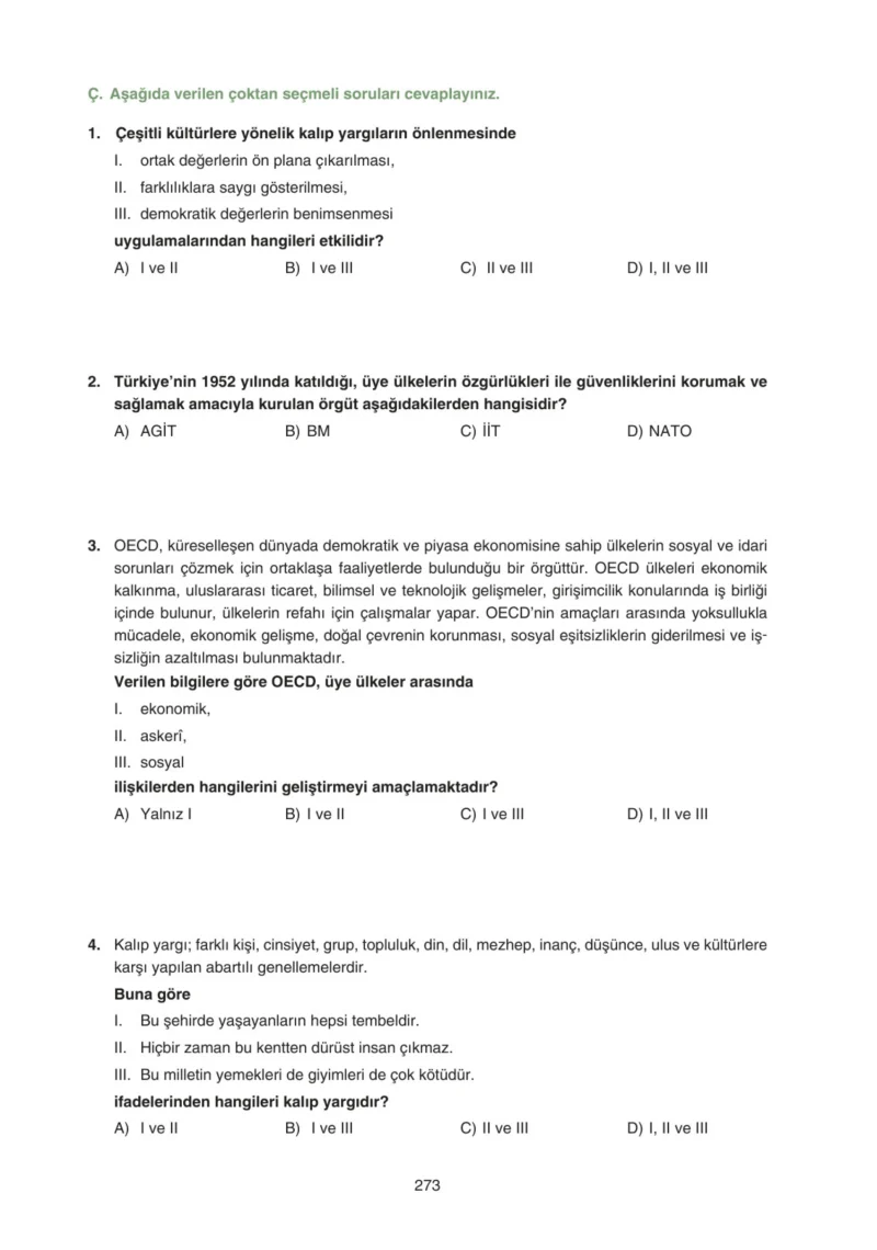 7. Sınıf Sosyal Bilgiler Ders Kitabı Cevapları Yıldırım Yayınları Sayfa 273