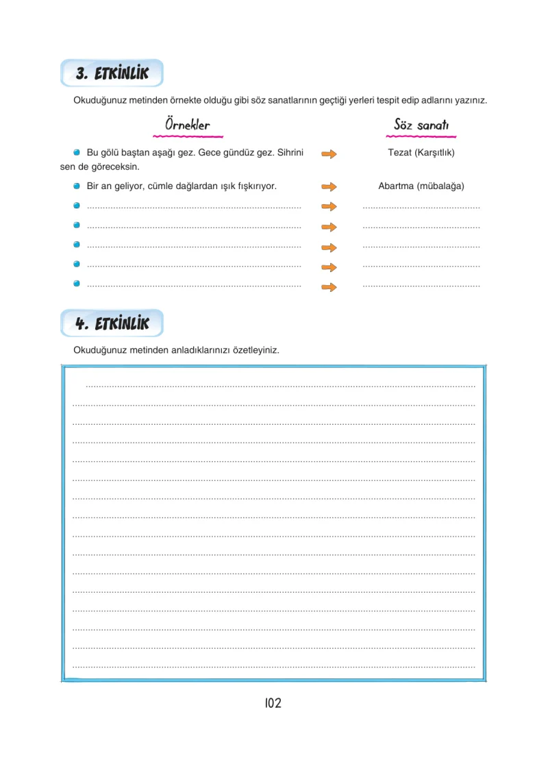 7. Sınıf Türkçe Ders Kitabı Cevapları Dörtel Yayınları Sayfa 102