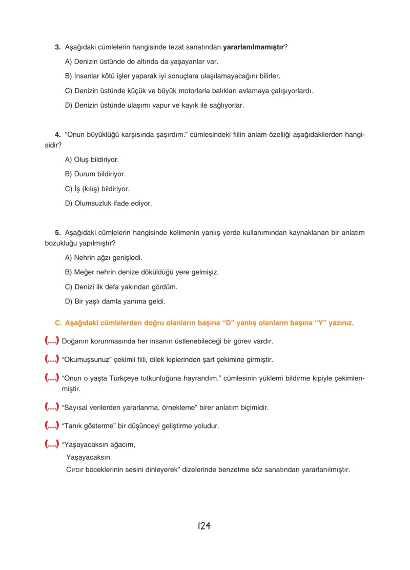 7. Sınıf Türkçe Ders Kitabı Cevapları Dörtel Yayınları Sayfa 124