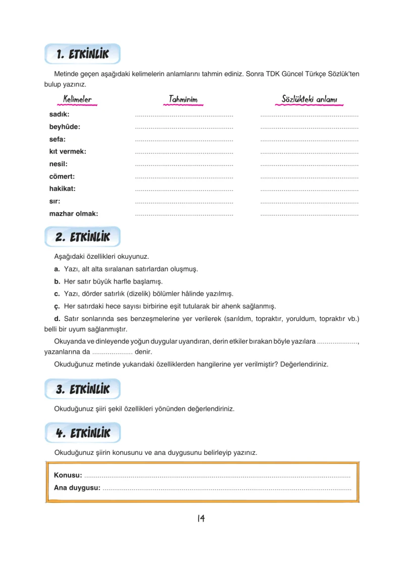 7. Sınıf Türkçe Ders Kitabı Cevapları Dörtel Yayınları Sayfa 14