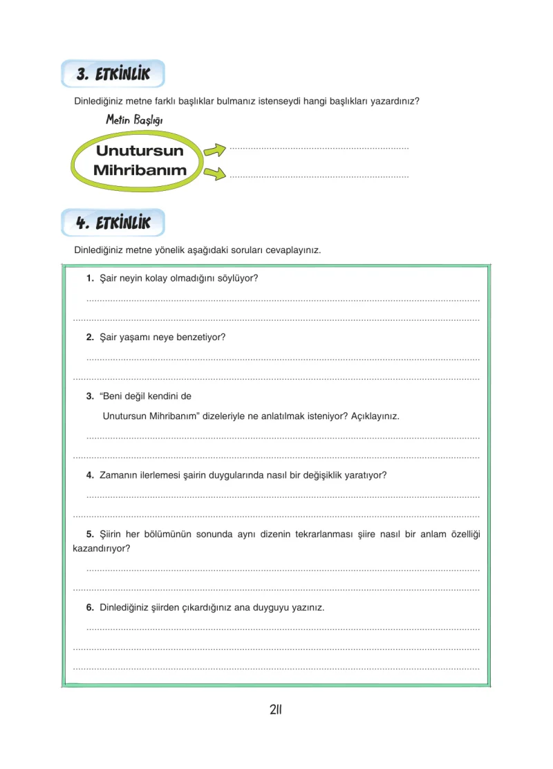 7. Sınıf Türkçe Ders Kitabı Cevapları Dörtel Yayınları Sayfa 211