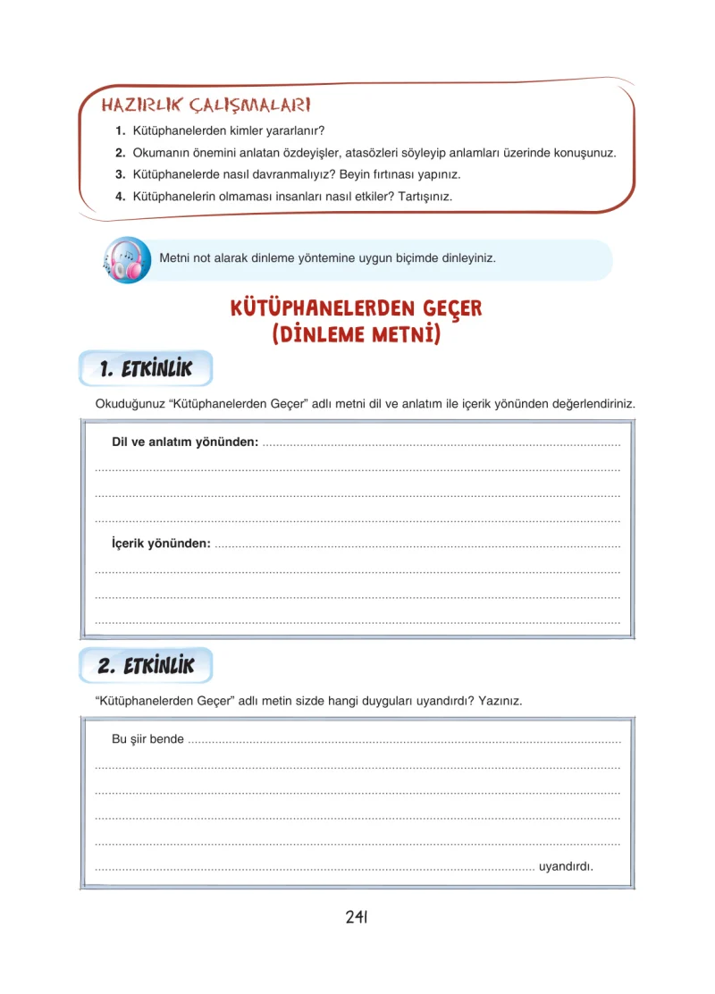 7. Sınıf Türkçe Ders Kitabı Cevapları Dörtel Yayınları Sayfa 241