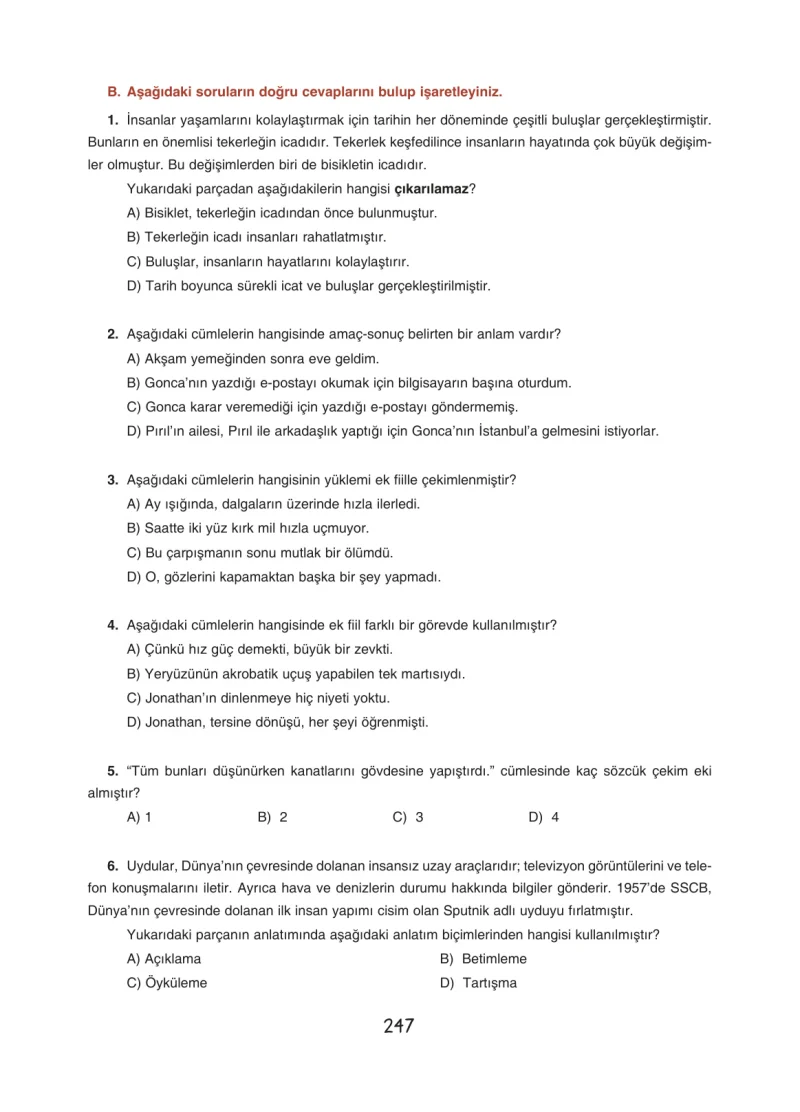 7. Sınıf Türkçe Ders Kitabı Cevapları Dörtel Yayınları Sayfa 247