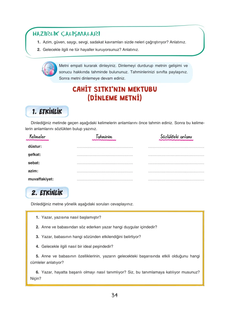 7. Sınıf Türkçe Ders Kitabı Cevapları Dörtel Yayınları Sayfa 34
