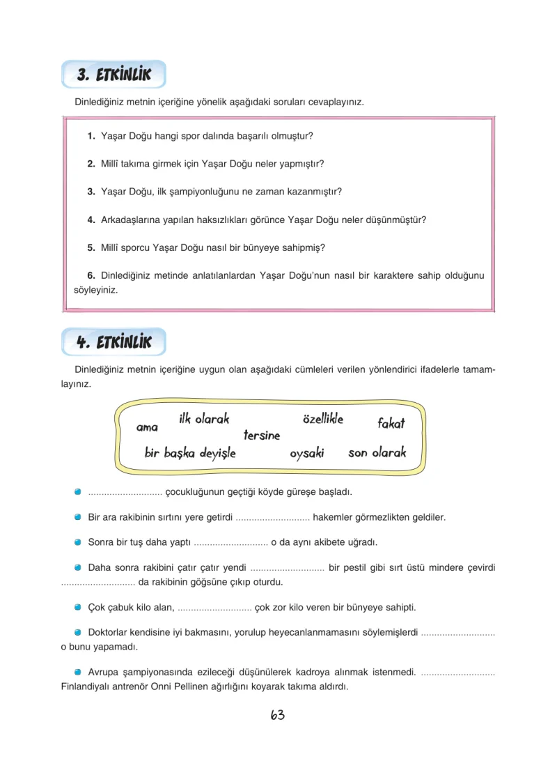 7. Sınıf Türkçe Ders Kitabı Cevapları Dörtel Yayınları Sayfa 63