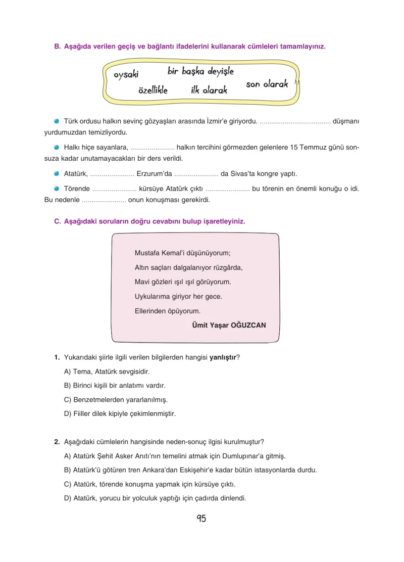 7. Sınıf Türkçe Ders Kitabı Cevapları Dörtel Yayınları Sayfa 95