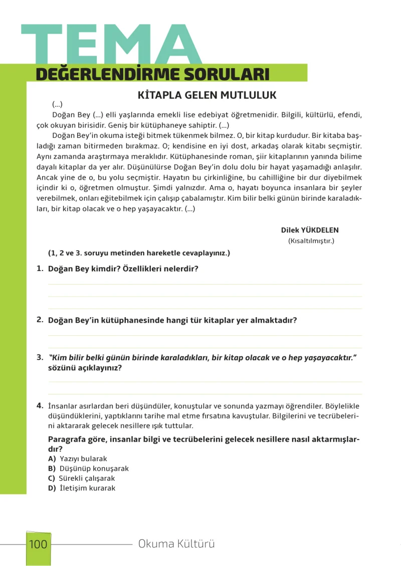 7. Sınıf Türkçe Ders Kitabı Cevapları Meb Yayınları 1. Kitap Sayfa 100