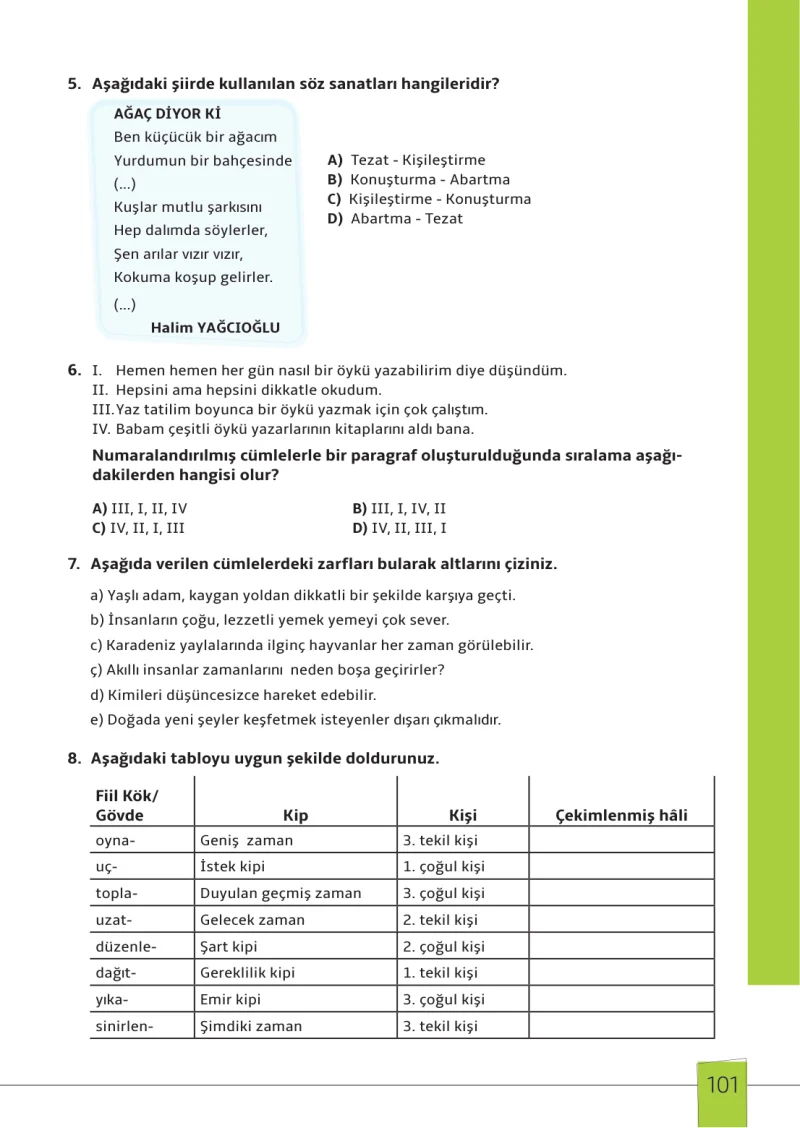 7. Sınıf Türkçe Ders Kitabı Cevapları Meb Yayınları 1. Kitap Sayfa 101