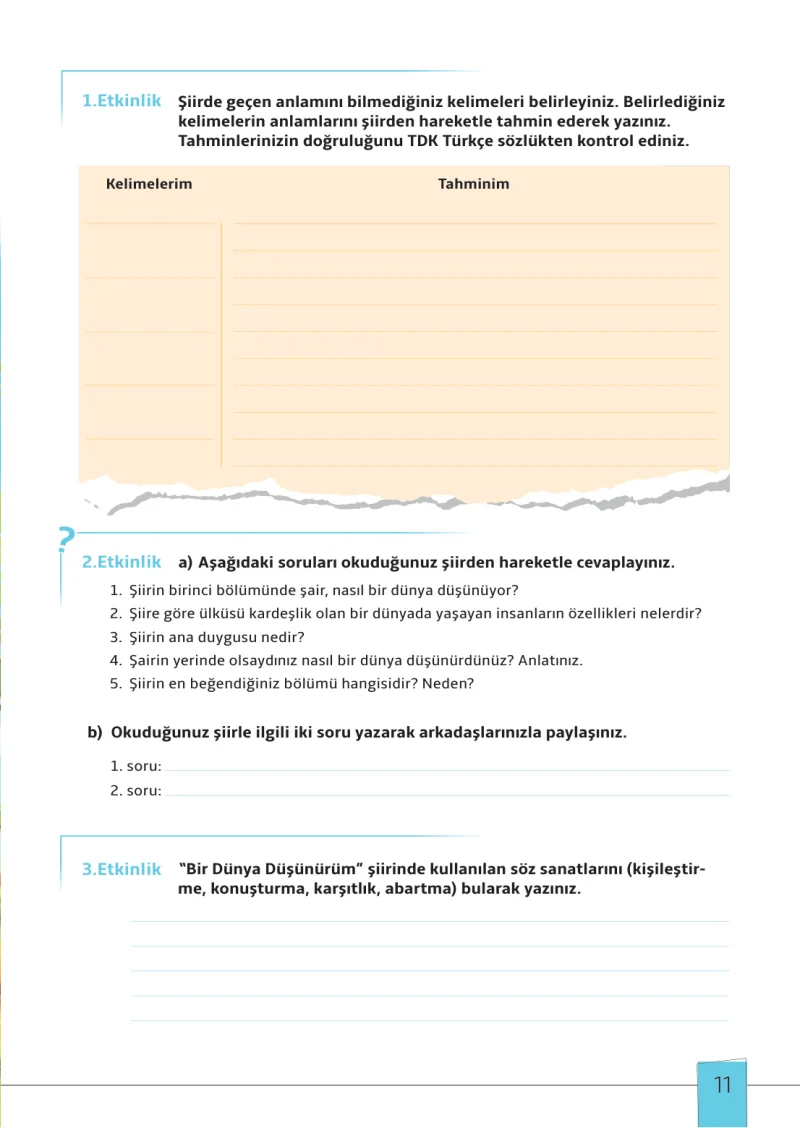 7. Sınıf Türkçe Ders Kitabı Cevapları Meb Yayınları 1. Kitap Sayfa 11