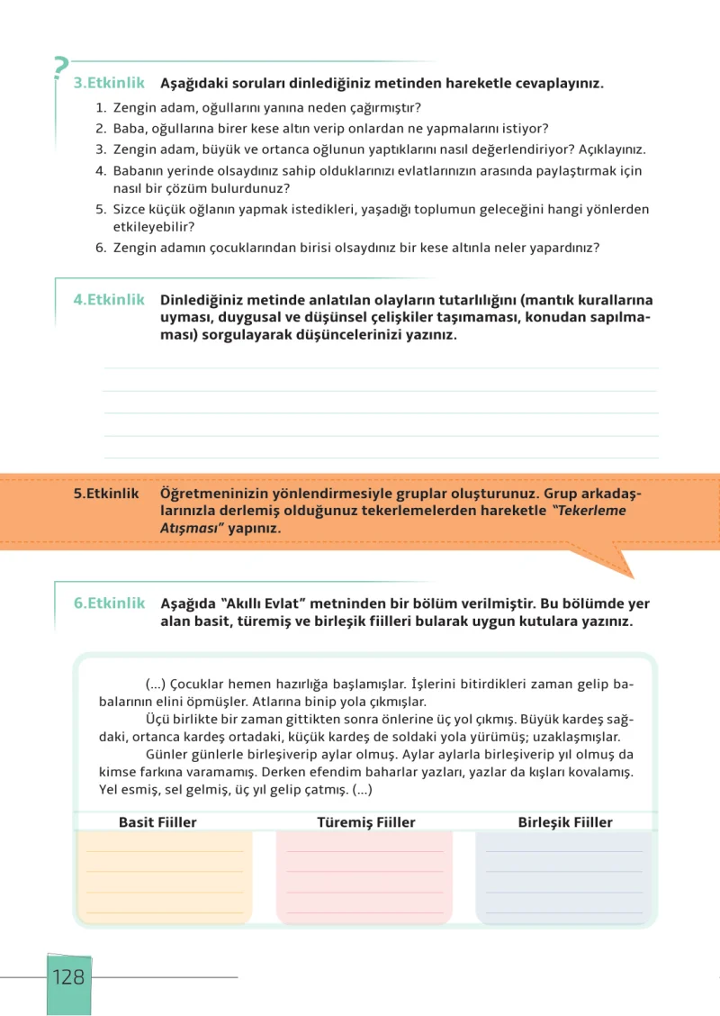 7. Sınıf Türkçe Ders Kitabı Cevapları Meb Yayınları 1. Kitap Sayfa 128
