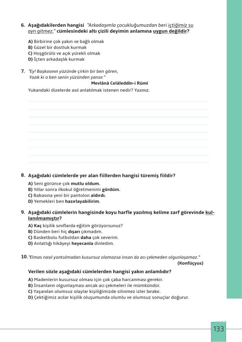 7. Sınıf Türkçe Ders Kitabı Cevapları Meb Yayınları 1. Kitap Sayfa 133