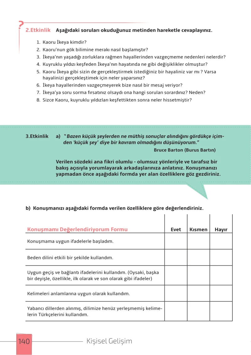 7. Sınıf Türkçe Ders Kitabı Cevapları Meb Yayınları 1. Kitap Sayfa 140