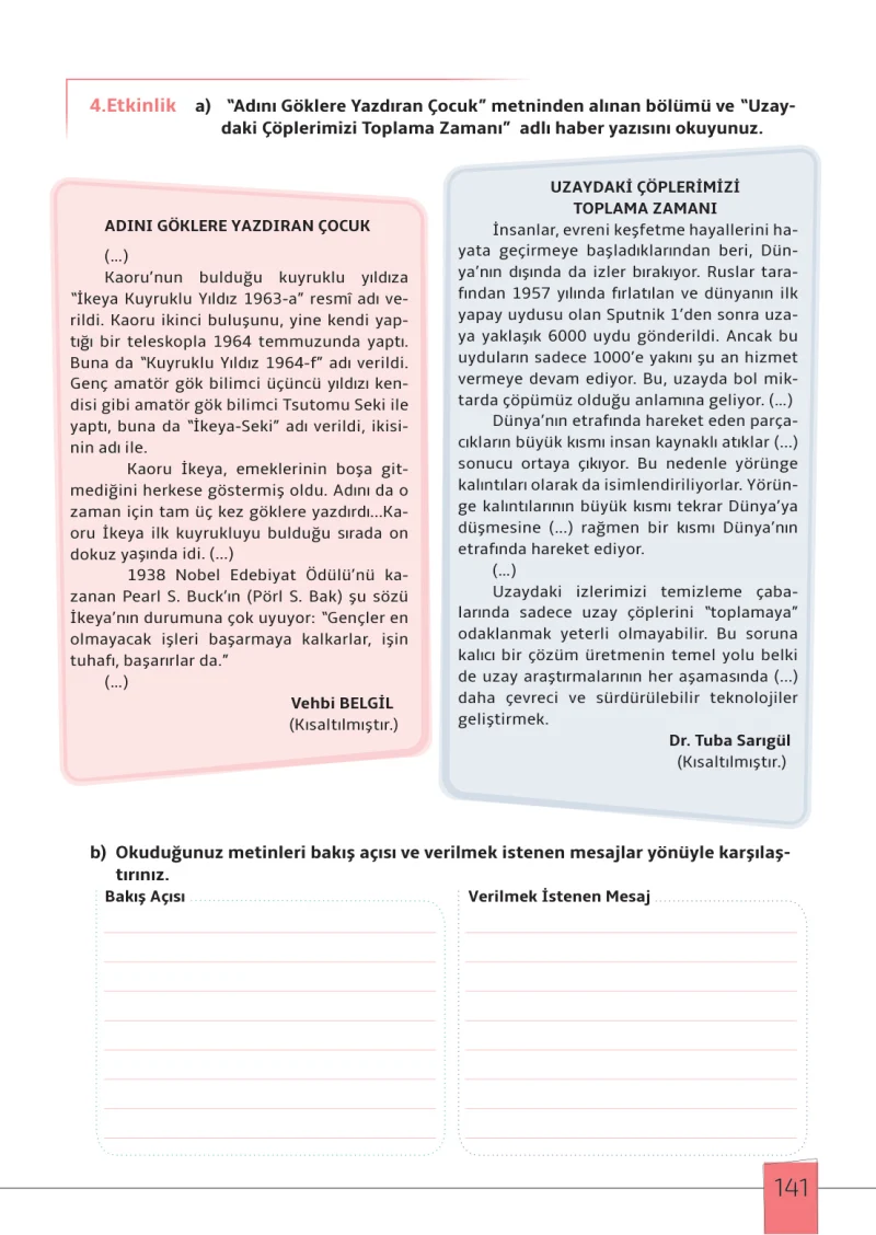 7. Sınıf Türkçe Ders Kitabı Cevapları Meb Yayınları 1. Kitap Sayfa 141