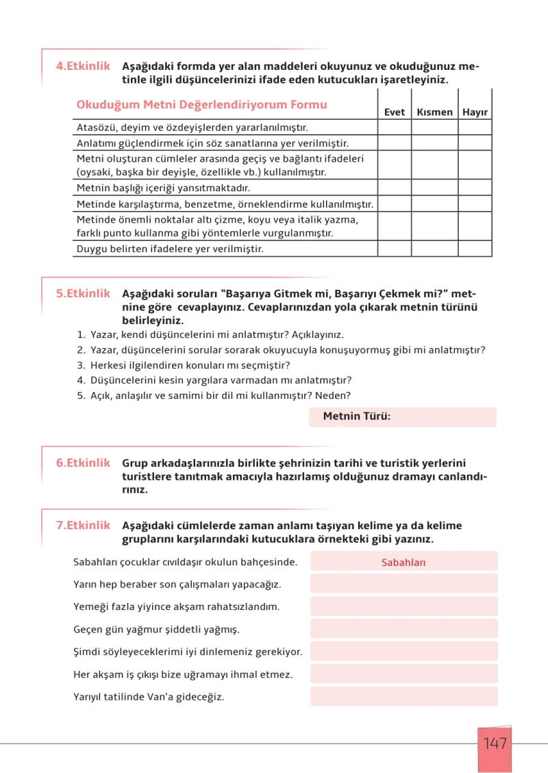 7. Sınıf Türkçe Ders Kitabı Cevapları Meb Yayınları 1. Kitap Sayfa 147