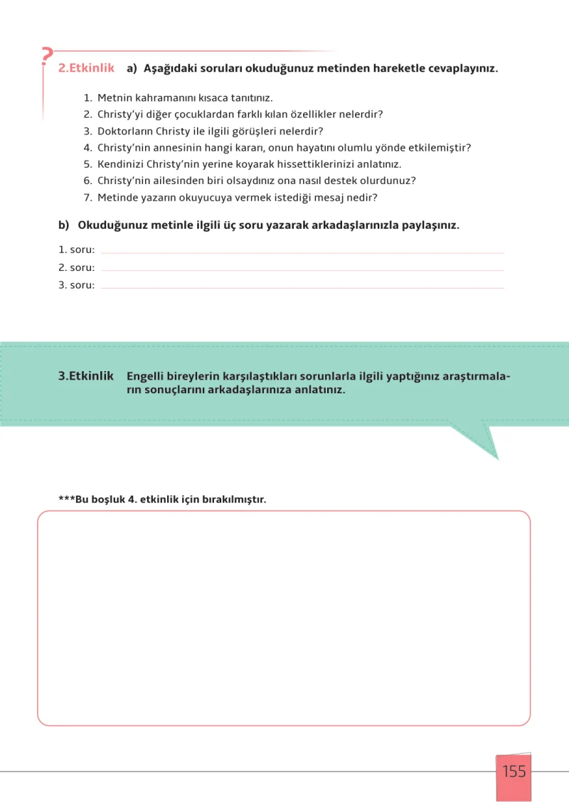 7. Sınıf Türkçe Ders Kitabı Cevapları Meb Yayınları 1. Kitap Sayfa 155