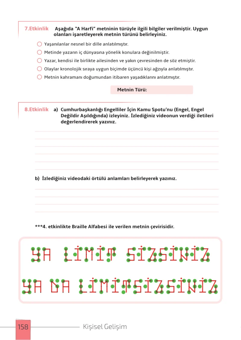 7. Sınıf Türkçe Ders Kitabı Cevapları Meb Yayınları 1. Kitap Sayfa 158