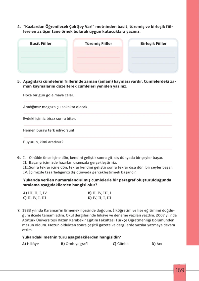 7. Sınıf Türkçe Ders Kitabı Cevapları Meb Yayınları 1. Kitap Sayfa 169