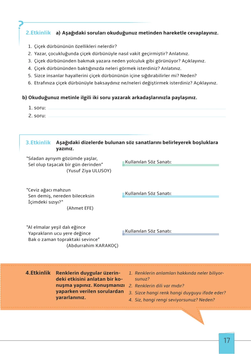7. Sınıf Türkçe Ders Kitabı Cevapları Meb Yayınları 1. Kitap Sayfa 17