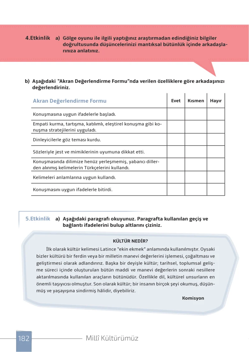7. Sınıf Türkçe Ders Kitabı Cevapları Meb Yayınları 1. Kitap Sayfa 182