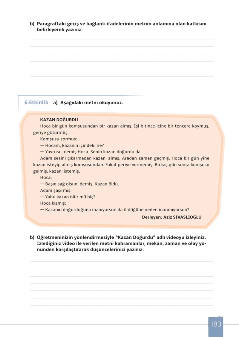 7. Sınıf Türkçe Ders Kitabı Cevapları Meb Yayınları 1. Kitap Sayfa 183