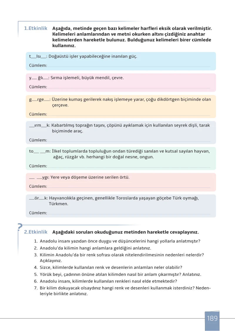 7. Sınıf Türkçe Ders Kitabı Cevapları Meb Yayınları 1. Kitap Sayfa 189