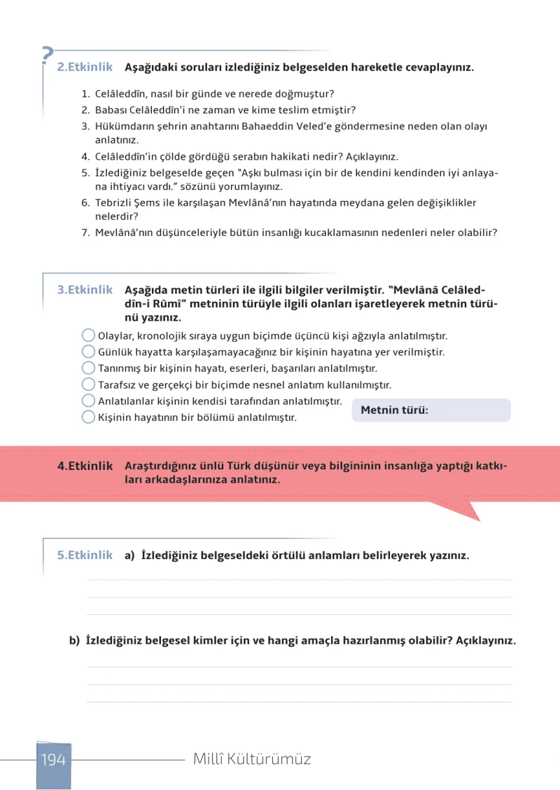 7. Sınıf Türkçe Ders Kitabı Cevapları Meb Yayınları 1. Kitap Sayfa 194
