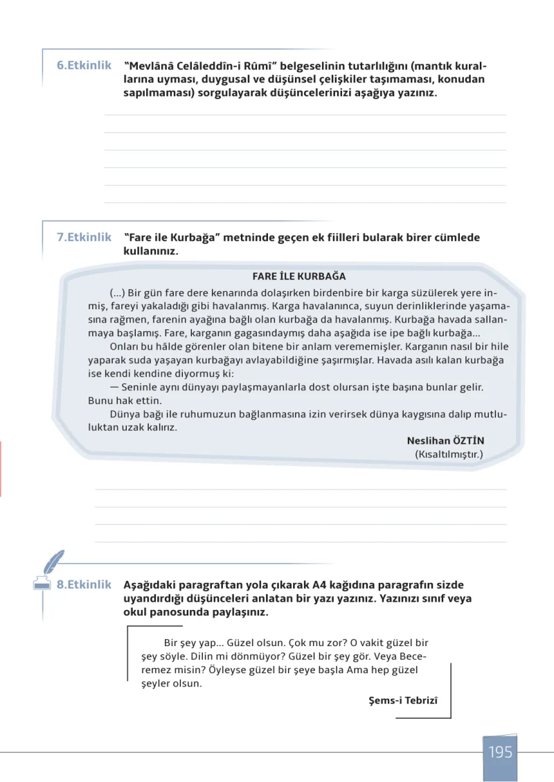 7. Sınıf Türkçe Ders Kitabı Cevapları Meb Yayınları 1. Kitap Sayfa 195