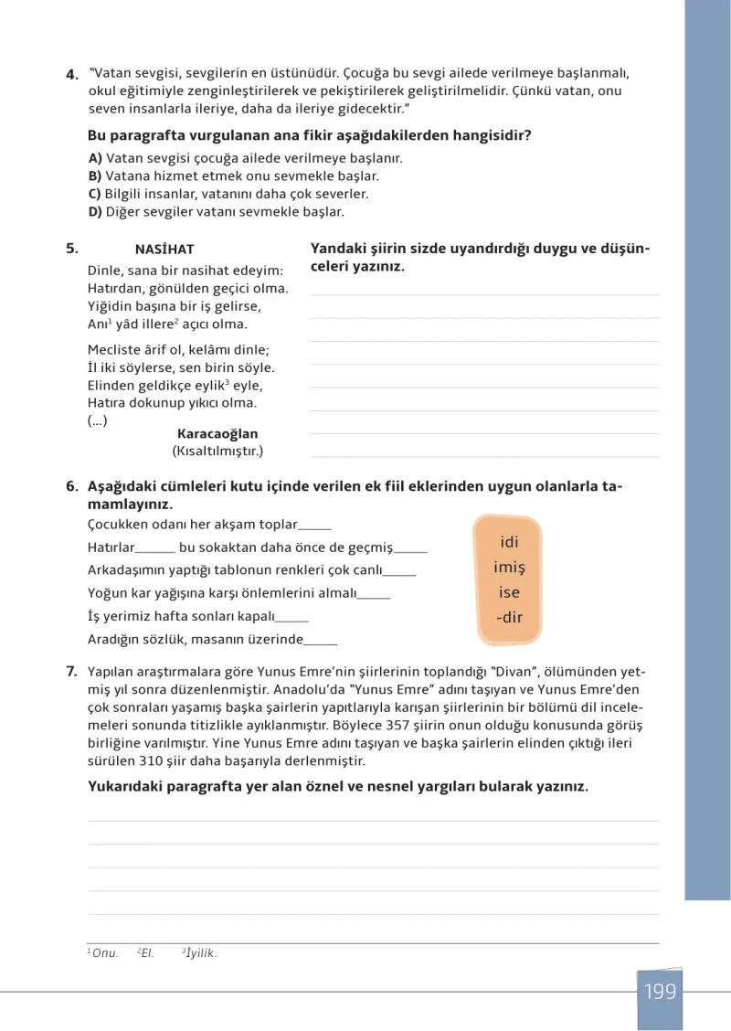 7. Sınıf Türkçe Ders Kitabı Cevapları Meb Yayınları 1. Kitap Sayfa 199