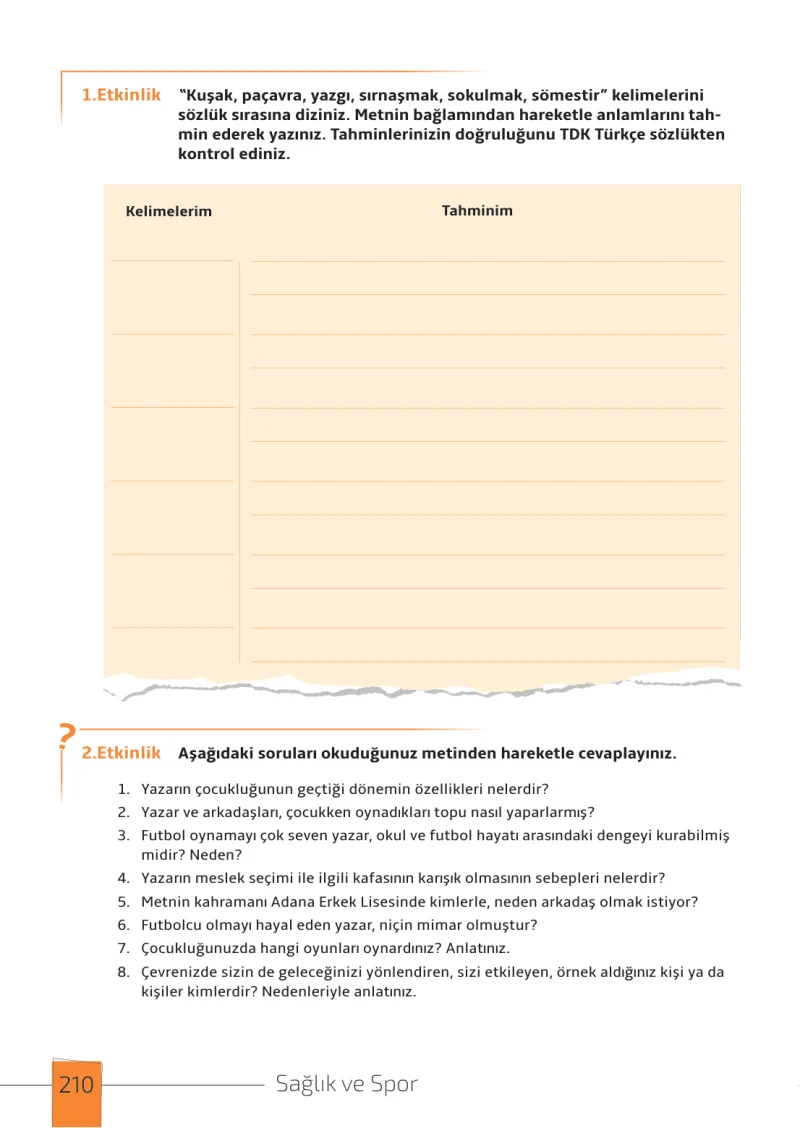 7. Sınıf Türkçe Ders Kitabı Cevapları Meb Yayınları 1. Kitap Sayfa 210