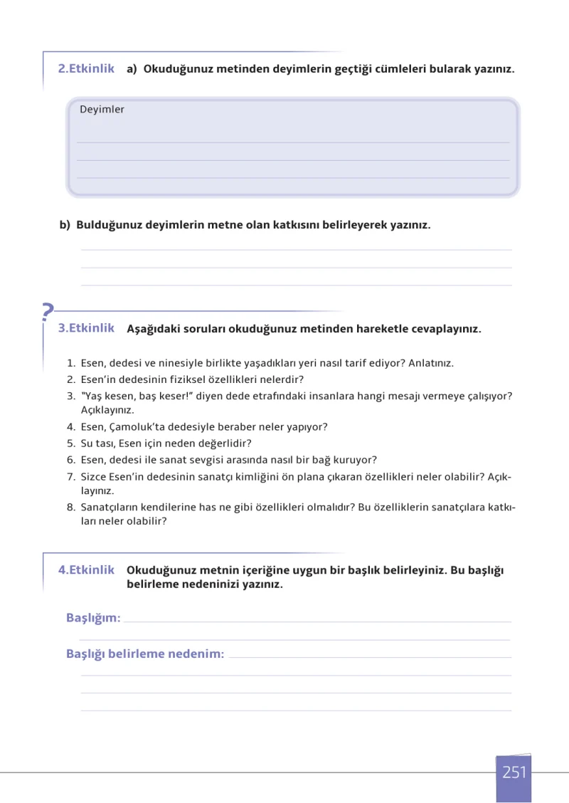 7. Sınıf Türkçe Ders Kitabı Cevapları Meb Yayınları 1. Kitap Sayfa 251