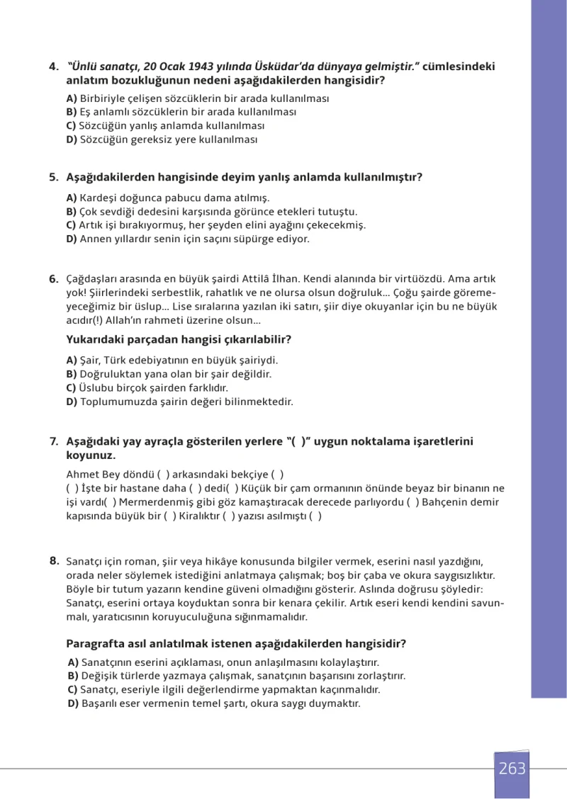 7. Sınıf Türkçe Ders Kitabı Cevapları Meb Yayınları 1. Kitap Sayfa 263