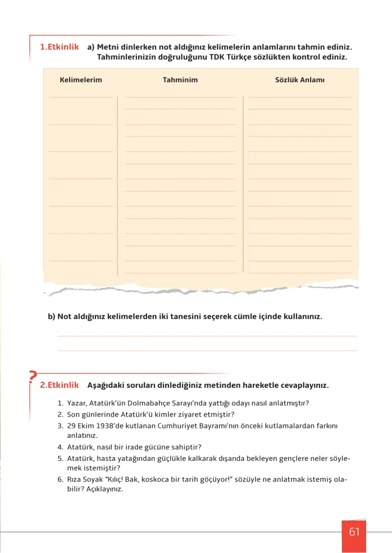 7. Sınıf Türkçe Ders Kitabı Cevapları Meb Yayınları 1. Kitap Sayfa 61
