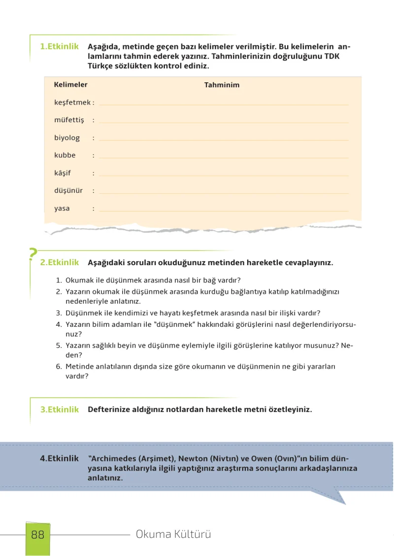 7. Sınıf Türkçe Ders Kitabı Cevapları Meb Yayınları 1. Kitap Sayfa 88