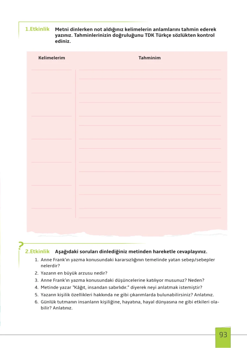 7. Sınıf Türkçe Ders Kitabı Cevapları Meb Yayınları 1. Kitap Sayfa 93