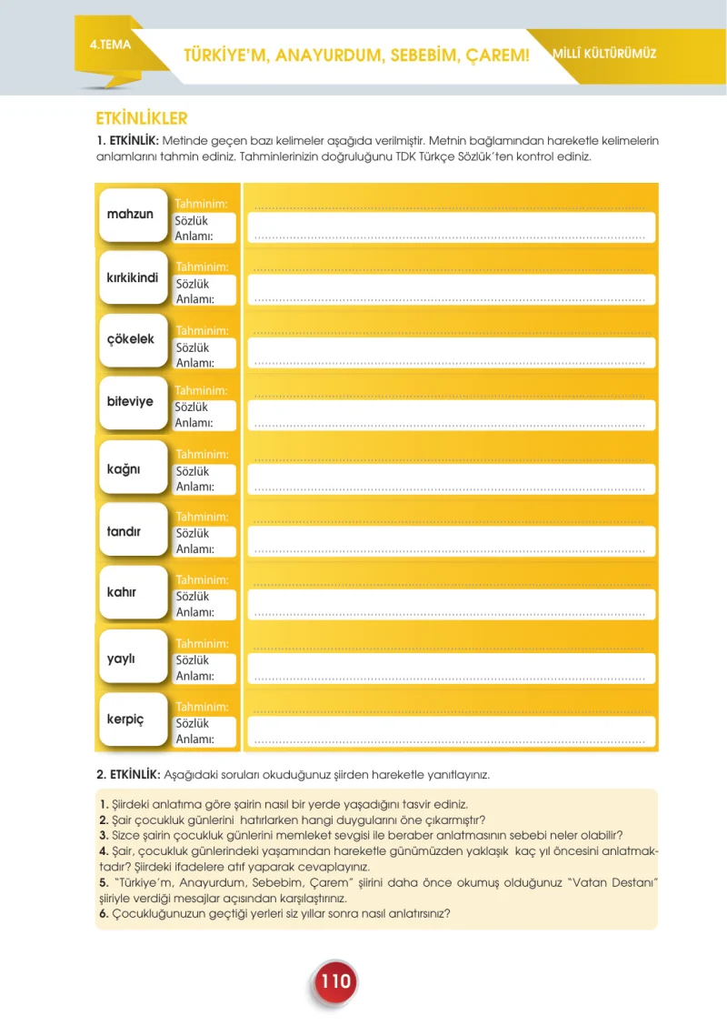 7. Sınıf Türkçe Ders Kitabı Cevapları Meb Yayınları 2. Kitap Sayfa 110