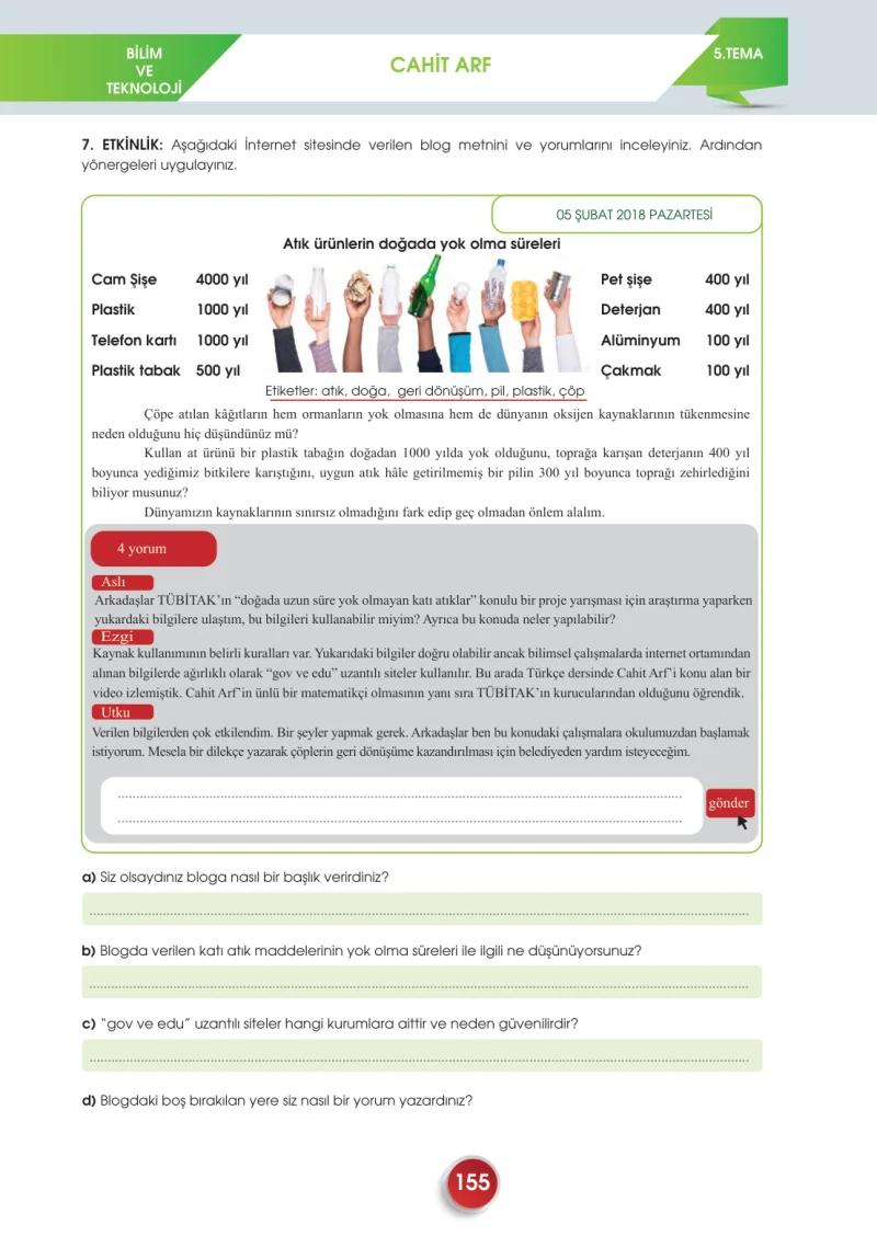 7. Sınıf Türkçe Ders Kitabı Cevapları Meb Yayınları 2. Kitap Sayfa 155